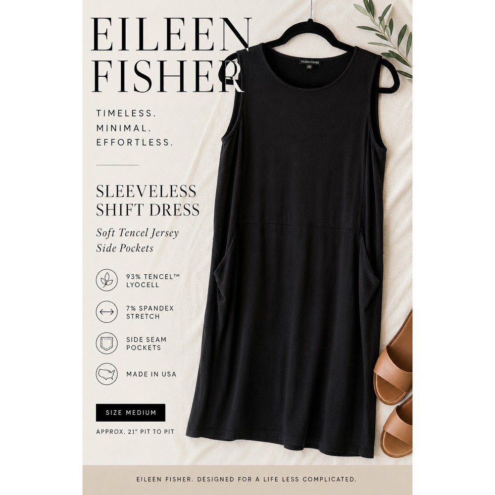 Eileen Fisher Black Sleeveless Shift Dress Pockets Tencel Lyocell Stretch Knit M